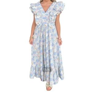 KARLIE London M Dress Maxi Double V-Neck Gathered Floral Print Blue/Pink/Violet